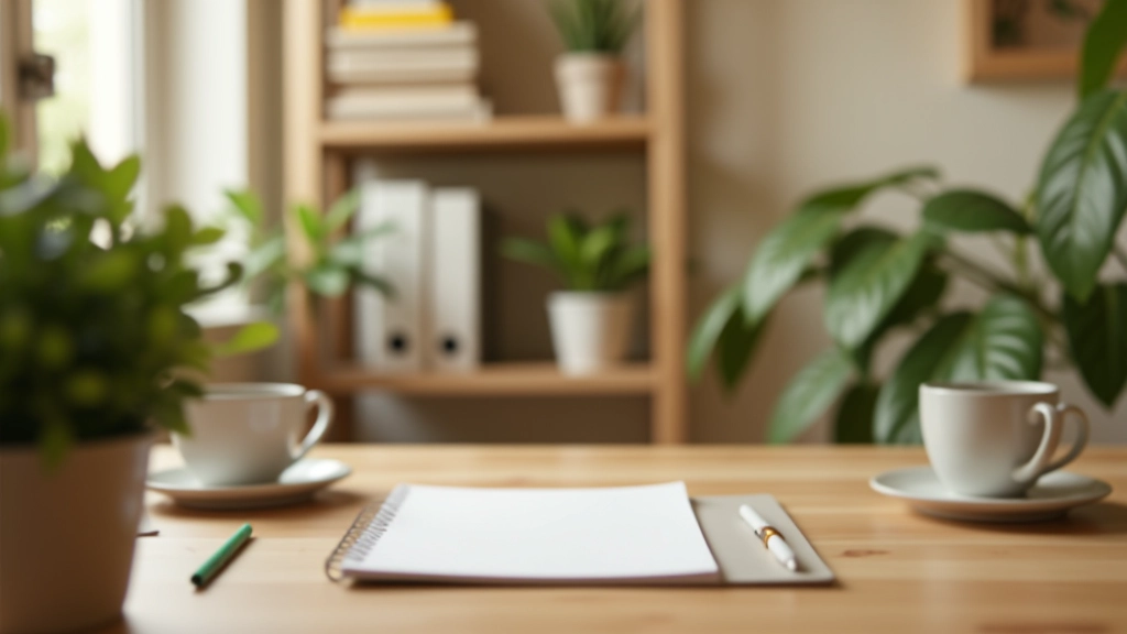 Ambiente organizado com notebook, plantas e xícara de café mostrando um espaço preparado para rotinas positivas